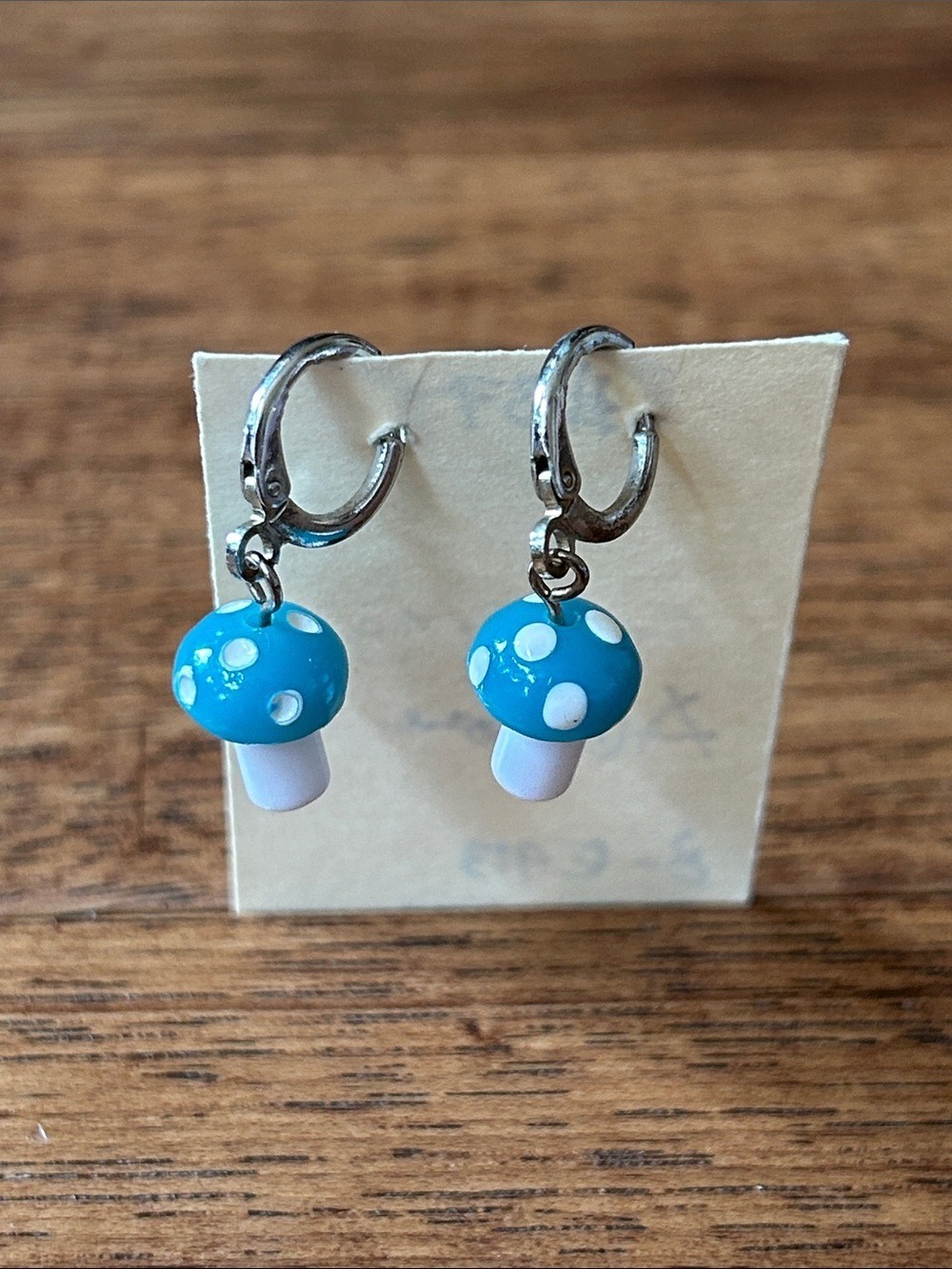 Glass Mushroom Earrings Blue White Polka Dot